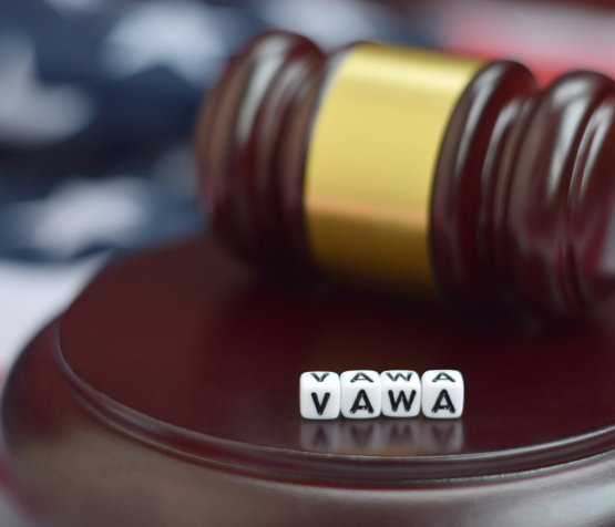 Close-up of a gavel, and a symbol for the Violence Against Women Act